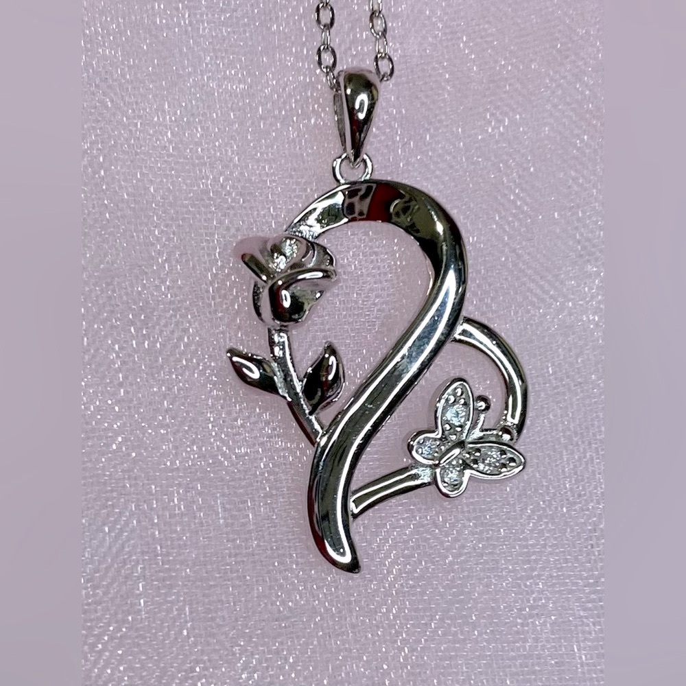 925 Sterling Silver Heart Rose Butterfly Pendant Necklace with Crystal Accents - Picture 9 of 15